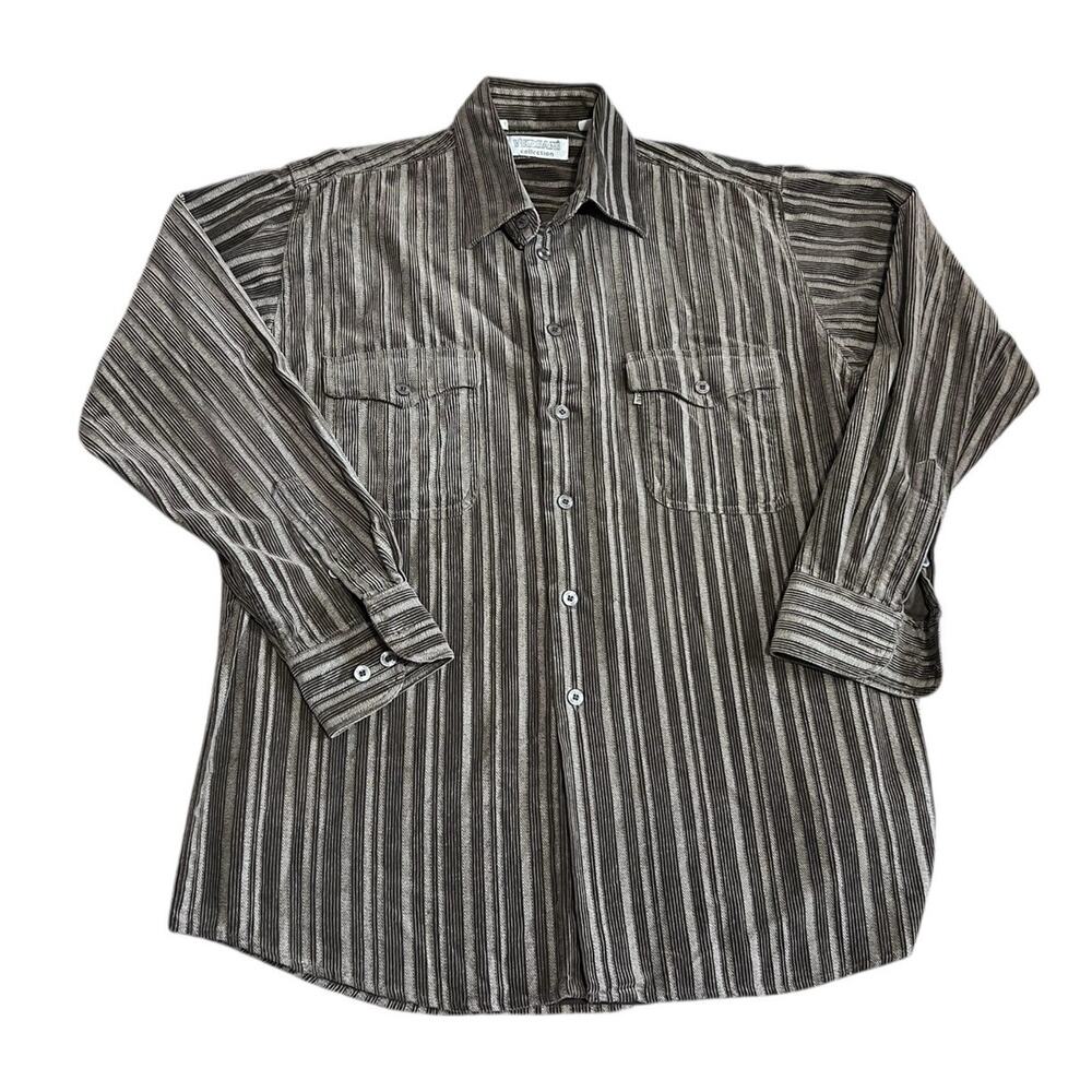 VERSANI 90s  Y2K Taupe Corduroy Wide Wale Button Down Shirt Mens M